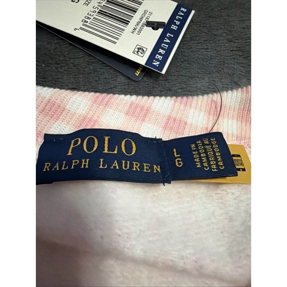 LARGE Polo Ralph Lauren Gingham Fleece Sweatshirt Pink White - Picture 13 of 13